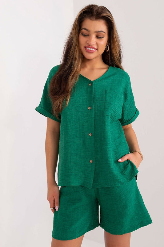 Women's Summer 2-Piece Set – V-Neck Shirt & High-Waisted Shorts – Cotton Blend – S/M